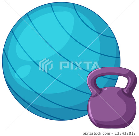 Blue Fitness Stability Ball and Purple Kettlebell Vector Illustration 135432812