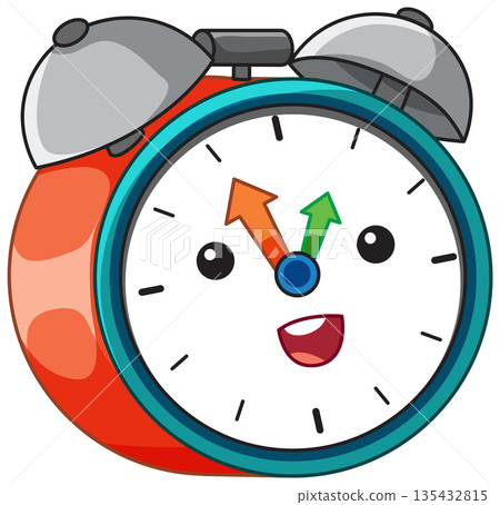 Cute Cartoon Red Alarm Clock Character with Smiling Face 135432815