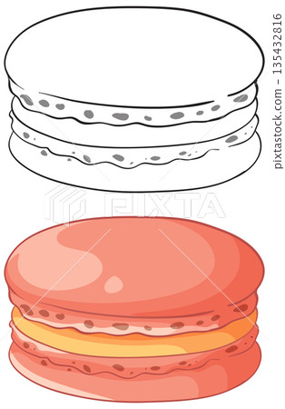 Pink Macaron Vector Illustration with Line Art and Colored Versions 135432816