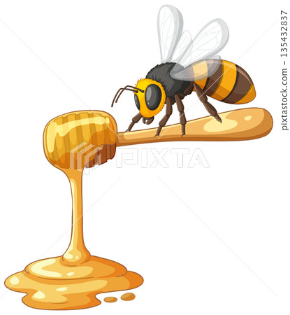 Honey Bee Resting on a Wooden Dipper with Dripping Golden Honey 135432837