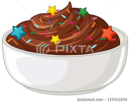 Chocolate Pudding in a White Bowl with Colorful Star Sprinkles Chocolate Pudding in a White Bowl with Colorful Star Sprinkles 135432839