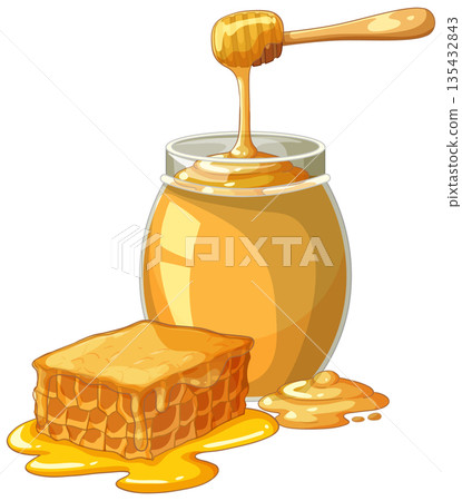 Honey Jar with Dipper and Fresh Honeycomb Vector Illustration Honey Jar with Dipper and Fresh Honeycomb Vector Illustration 135432843