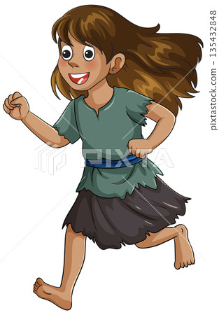 Smiling Barefoot Girl Running in Ragged Clothes Smiling Barefoot Girl Running in Ragged Clothes 135432848