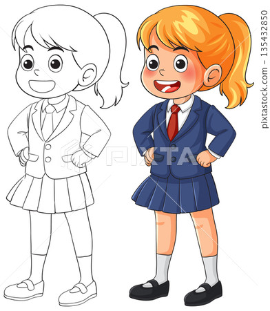 Confident Schoolgirl in Uniform with Hands on Hips Confident Schoolgirl in Uniform with Hands on Hips 135432850