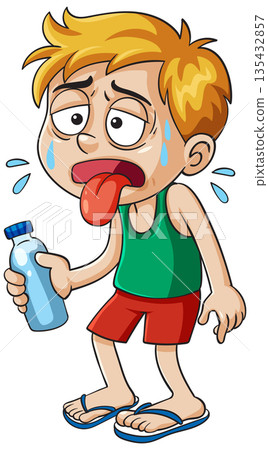 Thirsty Boy in Summer Heat with Water Bottle 135432857
