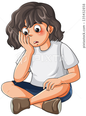 Vector Illustration of a Sad Young Girl Sitting Cross Legged with Worried Expression Vector Illustration of a Sad Young Girl Sitting Cross Legged with Worried Expression 135432858