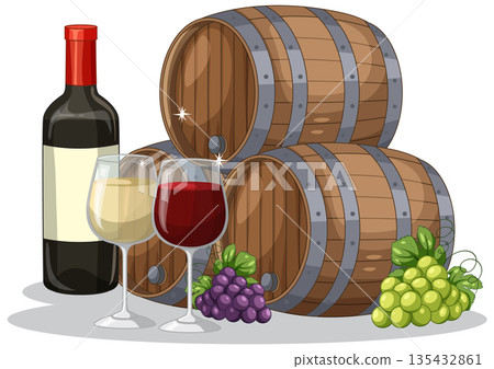 Vector Illustration of Wine Bottle Glasses Grapes and Wooden Barrels Vector Illustration of Wine Bottle Glasses Grapes and Wooden Barrels 135432861