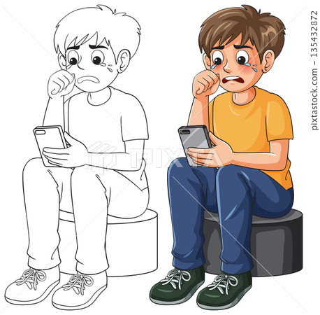 Sad Boy Crying While Looking at Smartphone in Color and Line Art Sad Boy Crying While Looking at Smartphone in Color and Line Art 135432872