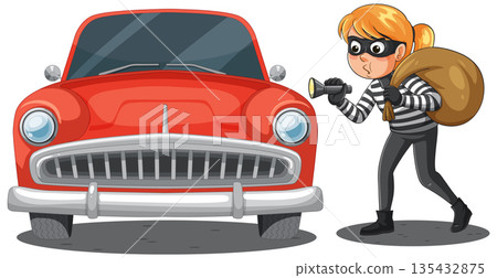 Cartoon Thief Sneaking Near Red Vintage Car Cartoon Thief Sneaking Near Red Vintage Car 135432875