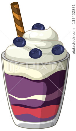 Blueberry Parfait Dessert with Whipped Cream and Wafer Stick Blueberry Parfait Dessert with Whipped Cream and Wafer Stick 135432881