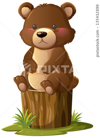 Cute Baby Bear Sitting on Tree Stump Illustration Cute Baby Bear Sitting on Tree Stump Illustration 135432899