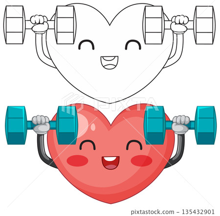 Cute Cartoon Heart Character Lifting Dumbbells Vector Illustration Set Cute Cartoon Heart Character Lifting Dumbbells Vector Illustration Set 135432901