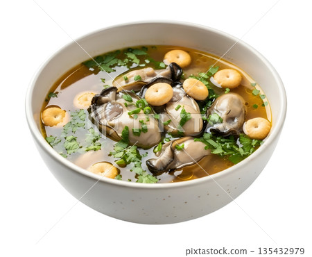 Oyster Soup with Fresh Oysters and Oyster Crackers isolated on white background 135432979