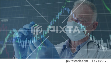 Inspecting doctor holding vial in lab with financial chart overlay, mask and gloves, copy space 135433179