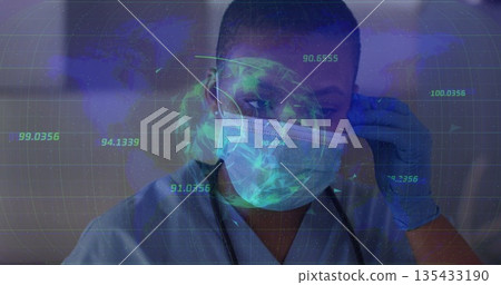 Adjusting mask clinician in scrubs, gloves and stethoscope at clinic with digital globe overlay 135433190