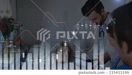 Lying female patient wearing gown in hospital bed, with doctor holding stethoscope beside IV stand 135433199