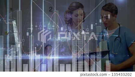 Standing tablet-holding colleagues analyzing financial charts in corridor, with skyline overlays 135433202