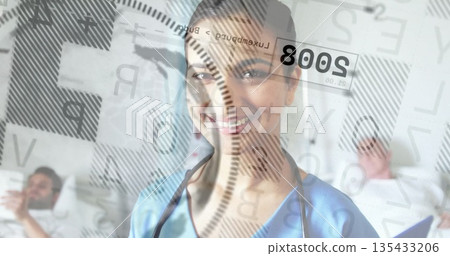 Monitoring nurse in scrubs and stethoscope observing patients in hospital ward, AR overlay 135433206