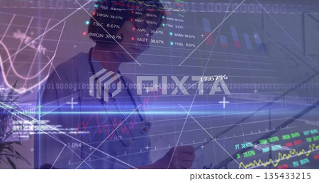 Nurse in blue scrubs analyzing charts, stock tickers, binary code in clinic, with stethoscope 135433215