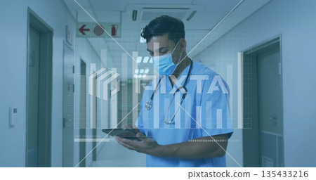 Doctor in scrubs wearing mask analyzing data overlay in hospital corridor, with stethoscope, tablet Doctor in scrubs wearing mask analyzing data overlay in hospital corridor, with stethoscope, tablet 135433216