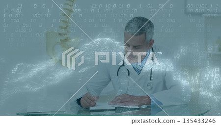 Doctor in coat with stethoscope writing in notebook at clinic desk, spine model overlay, copy space Doctor in coat with stethoscope writing in notebook at clinic desk, spine model overlay, copy space 135433246