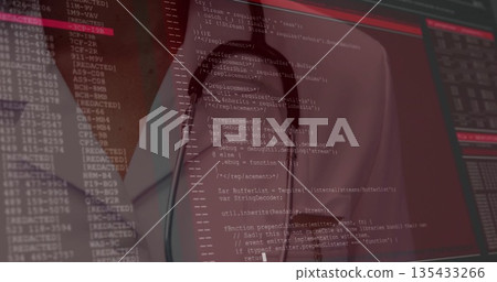 Watching doctor reading JavaScript code on glass screen in hospital stethoscope, red UI, copy space Watching doctor reading JavaScript code on glass screen in hospital stethoscope, red UI, copy space 135433266