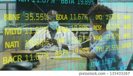 Holding smartphone doctor discussing file with pen-holding nurse in clinic, with ticker graphic Holding smartphone doctor discussing file with pen-holding nurse in clinic, with ticker graphic 135433267