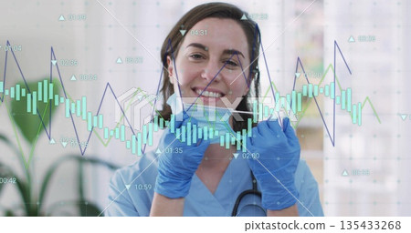Doctor adjusting mask loops in clinic room, with stethoscope gloves and candlestick chart overlay 135433268