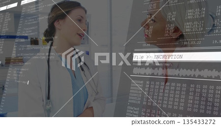 Standing doctor in lab coat and nurse exchanging data in clinic, with binary code overlay Standing doctor in lab coat and nurse exchanging data in clinic, with binary code overlay 135433272