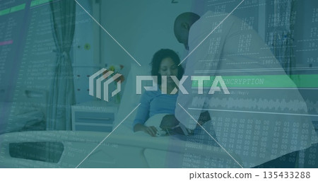 Patient holding swaddled newborn on hospital bed, physician reviewing code overlay with stethoscope Patient holding swaddled newborn on hospital bed, physician reviewing code overlay with stethoscope 135433288