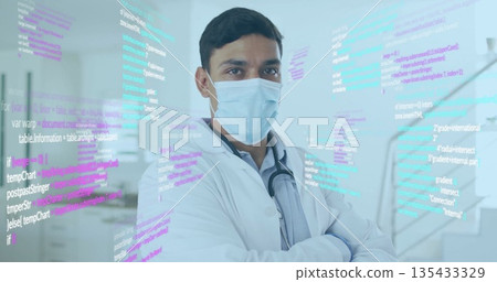 Standing doctor wearing surgical mask, lab coat, stethoscope in clinical corridor amid digital code Standing doctor wearing surgical mask, lab coat, stethoscope in clinical corridor amid digital code 135433329