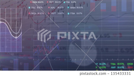 Displaying finance dashboard onscreen, with line, bar and pie charts, ticker arrows on grid overlay 135433331