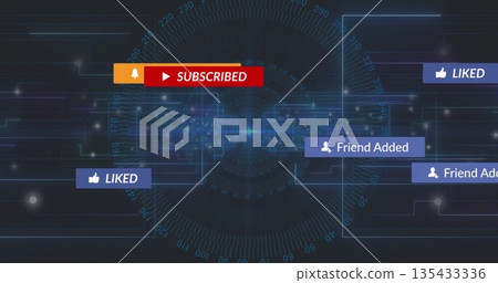 Floating red SUBSCRIBED button glowing on tech dashboard with blue LIKED tags and Friend Added pan Floating red SUBSCRIBED button glowing on tech dashboard with blue LIKED tags and Friend Added pan 135433336