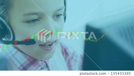 Speaking student in pink shirt wearing headset using computer at home desk, with candlestick chart Speaking student in pink shirt wearing headset using computer at home desk, with candlestick chart 135433385