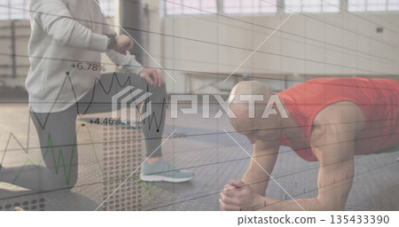 Performing forearm plank trainee holding position on gym mat, performance data overlay, copy space Performing forearm plank trainee holding position on gym mat, performance data overlay, copy space 135433390