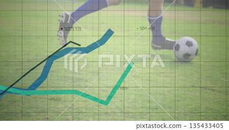 Kicking athlete wearing blue socks and black cleats on grass, kicking soccer ball with grid, graphs 135433405