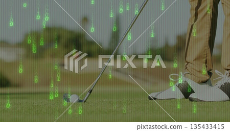 Golfer in tan pants positioning putter behind golf ball on green with code overlay, copy space 135433415