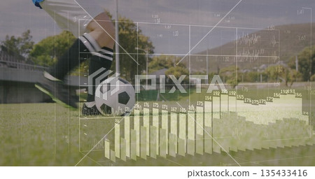 Dribbling athlete wearing neon cleats controlling soccer ball on grass pitch, with chart overlay 135433416