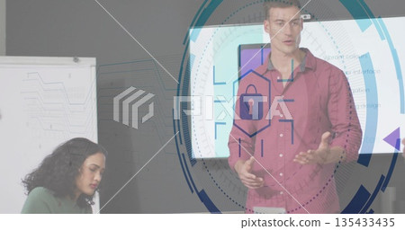 Gesturing presenter in red shirt pointing at screen beside whiteboard in office meeting, copy space Gesturing presenter in red shirt pointing at screen beside whiteboard in office meeting, copy space 135433435