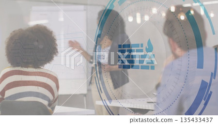 Displaying digital HUD firewall icon in conference room, with presenter next to flipchart 135433437