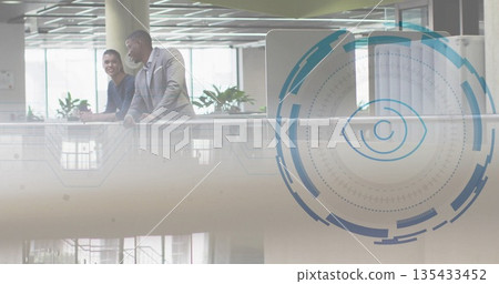 Leaning two business professionals talking on office mezzanine, with plants, HUD overlay copy space Leaning two business professionals talking on office mezzanine, with plants, HUD overlay copy space 135433452