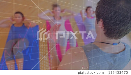 Trainer guiding group doing abdominal crunches in wood-paneled studio, with yoga mats and metrics Trainer guiding group doing abdominal crunches in wood-paneled studio, with yoga mats and metrics 135433470