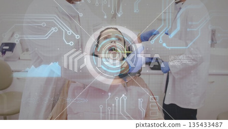 Reclining patient receiving dental exam in dental clinic, with mirror suction tool and HUD overlay Reclining patient receiving dental exam in dental clinic, with mirror suction tool and HUD overlay 135433487