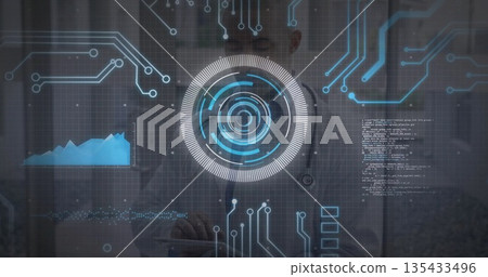 Analyzing physician wearing lab coat and stethoscope interacting with HUD in clinic, with code Analyzing physician wearing lab coat and stethoscope interacting with HUD in clinic, with code 135433496
