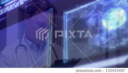 Examining doctor wearing lab coat studying holographic screens in lab, with tablet and stethoscope Examining doctor wearing lab coat studying holographic screens in lab, with tablet and stethoscope 135433497