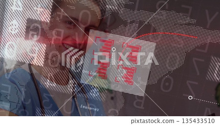 Smiling doctor showcasing digital interface with stethoscope, red charts, world map, copy space 135433510