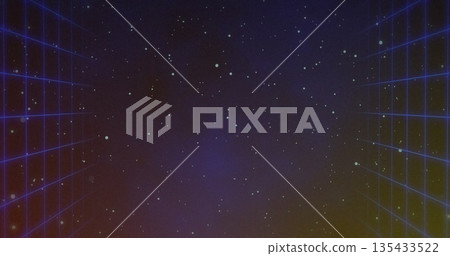 Glowing star-like points drifting across gradient backdrop, with neon-blue grid lines receding Glowing star-like points drifting across gradient backdrop, with neon-blue grid lines receding 135433522