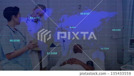 Medical team in white coat checking patient vitals in hospital ward, with digital grid overlay 135433559