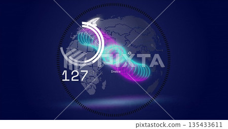 Displaying dotted globe within dashboard, with circular gauges, chart, neon wave, 127, India label Displaying dotted globe within dashboard, with circular gauges, chart, neon wave, 127, India label 135433611