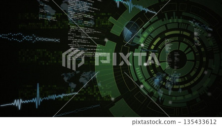 Displaying central green radial data interface rotating on virtual display, showing floating code 135433612